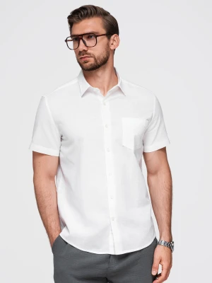 Męska koszula z lnu i bawełny z krótkim rękawem i kieszonką – złamana biel V1 - Rozmiar: L Ombre Clothing