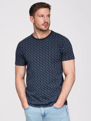 Męska koszulka dzianinowa z nadrukiem full print – granatowa V1 - Rozmiar: L Ombre Clothing