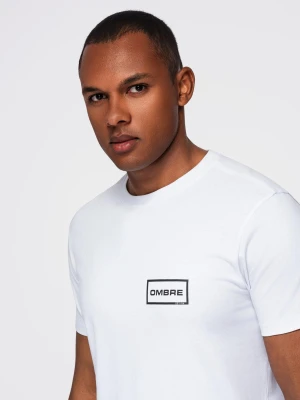 Męska koszulka dzianinowa z nadrukiem o kroju REGULAR - biała V1 - Rozmiar: S Ombre Clothing
