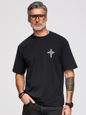 Męska koszulka loose fit z aplikację krzyża ze srebrnych kamieni - czarna V1 Ombre Clothing
