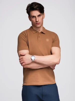 Męska koszulka polo jednokolorowa BASIC z dzianiny pique - brązowa V23 - Rozmiar: L Ombre Clothing