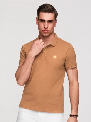 Męska koszulka polo jednokolorowa BASIC z dzianiny pique - brązowa V23 - Rozmiar: L Ombre Clothing