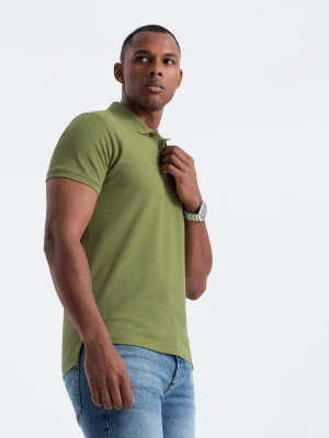 Męska koszulka polo jednokolorowa BASIC z dzianiny pique - oliwkowa V21 - Rozmiar: M Ombre Clothing