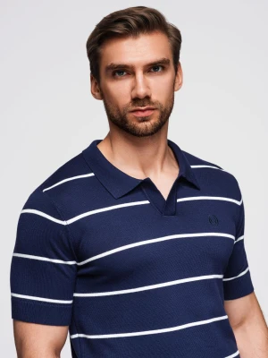 Męska koszulka polo w poziome paski z wiskozą – granatowo-biała V1 - Rozmiar: L Ombre Clothing