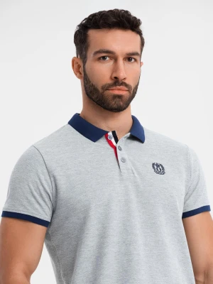 Męska koszulka polo z kolorowymi akcentami – szary melanż V1 - Rozmiar: L Ombre Clothing