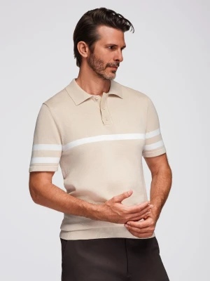 Męska koszulka polo z miękkiej dzianiny z kontrastowymi pasami - beżowa V4 - Rozmiar: M Ombre Clothing