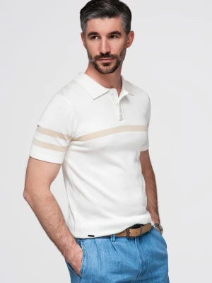 Męska koszulka polo z miękkiej dzianiny z kontrastowymi pasami - kremowa V3 - Rozmiar: L Ombre Clothing kremowy