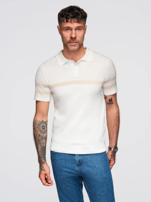 Męska koszulka polo z miękkiej dzianiny z kontrastowymi pasami - kremowa V3 - Rozmiar: XXL Ombre Clothing
