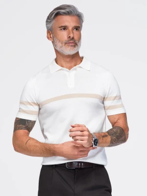 Męska koszulka polo z miękkiej dzianiny z kontrastowymi pasami - kremowa V3 - Rozmiar: XXL Ombre Clothing kremowy