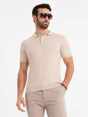 Zdjęcie produktu Męska koszulka polo z wiskozą SLIM FIT w pionowy prążek – beżowa V2 - Rozmiar: L Ombre Clothing