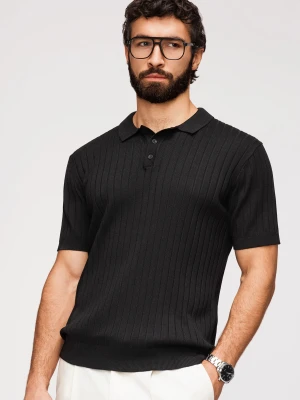 Męska koszulka polo z wiskozą SLIM FIT w pionowy prążek – czarna V1 - Rozmiar: L Ombre Clothing