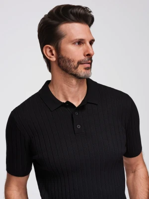 Męska koszulka polo z wiskozą SLIM FIT w pionowy prążek – czarna V1 - Rozmiar: XXL Ombre Clothing