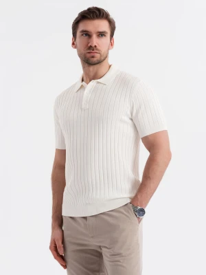 Męska koszulka polo z wiskozą SLIM FIT w pionowy prążek – złamana biel V3 Ombre Clothing