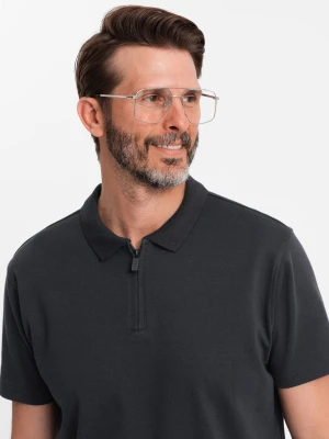 Męska koszulka z zapinanym na zamek kołnierzykiem polo – czarna V8 - Rozmiar: M Ombre Clothing
