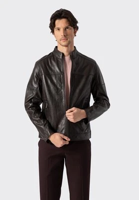 Męska kurtka biker ze skóry naturalnej ciemny brąz Wittchen