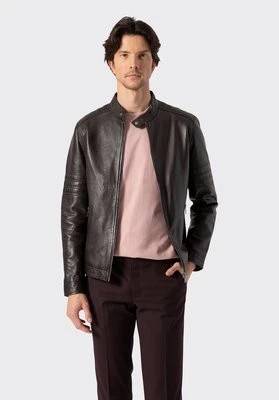 Męska kurtka biker ze skóry z przeszyciami ciemny brąz Wittchen
