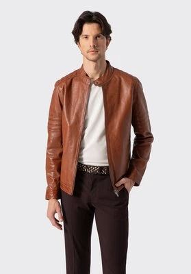 Męska kurtka biker ze skóry z przeszyciami jasny brąz Wittchen