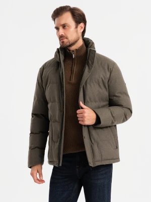 Męska kurtka casualowa puffer z wełną – ciemnooliwkowy melanż V4 - Rozmiar: XXL Ombre Clothing