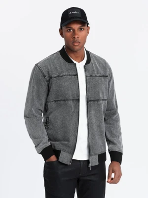Męska kurtka jeansowa bomberka z efektem stone wash – szara V1 - Rozmiar: M Ombre Clothing