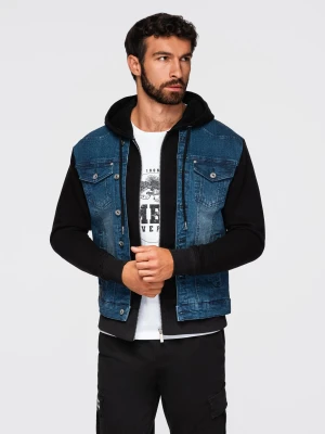 Męska kurtka jeansowa z dzianinowymi rękawami i kapturem – niebiesko-czarna V2 - Rozmiar: XXL Ombre Clothing