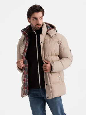 Męska kurtka puffer z podszewką w kratę – beżowa V2 - Rozmiar: XXL Ombre Clothing