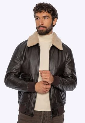 Męska kurtka ze skóry naturalnej z futrzanym kołnierzem brązowa Wittchen