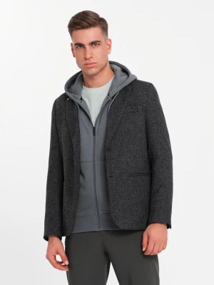Męska marynarka casual z ozdobnym pinem na klapie - grafitowy melanż V2 - Rozmiar: M Ombre Clothing