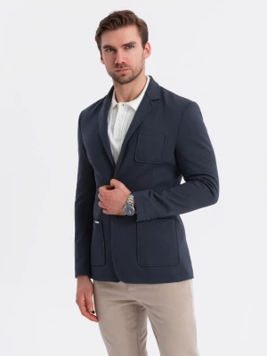 Męska marynarka SLIM z dzianiny o subtelnej strukturze – granatowa V3 - Rozmiar: L Ombre Clothing