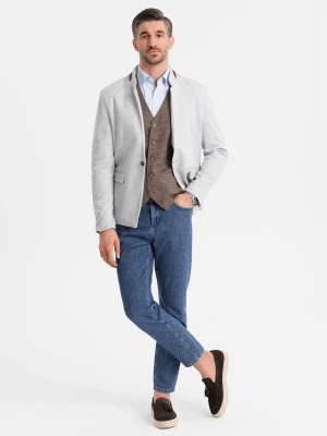 Męska melanżowa marynarka z dodatkiem rayonu ze stójką – szary melanż V4 - Rozmiar: M Ombre Clothing