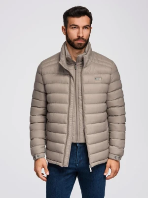 Męska pikowana kurtka z dwoma zapięciami - ciemnobeżowa V4 Ombre Clothing