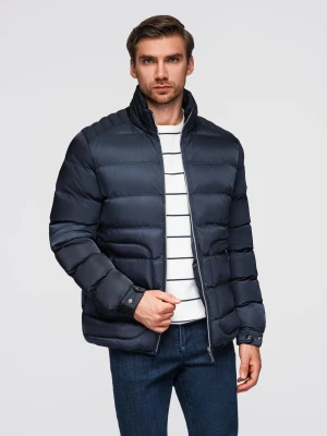 Męska pikowana kurtka z połyskiem i stójką – ciemnoniebieska V2 - Rozmiar: XL Ombre Clothing ciemnoniebieski