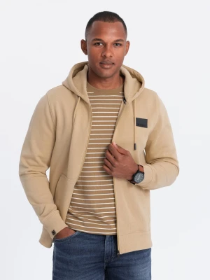 Męska rozpinana dresowa bluza z kapturem i patchem – piaskowa V2 - Rozmiar: S Ombre Clothing