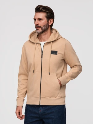 Męska rozpinana dresowa bluza z kapturem i patchem – piaskowa V2 - Rozmiar: S Ombre Clothing beżowy