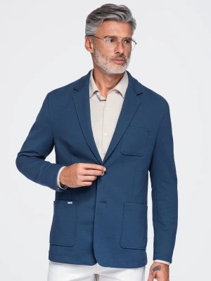 Męska slimowana marynarka SLIM z dzianiny o subtelnej strukturze – niebieska V6 - Rozmiar: M Ombre Clothing
