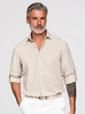 Męska wiskozowo-lniana koszula o kroju regular - beżowa V1 - Rozmiar: M Ombre Clothing jasny szary