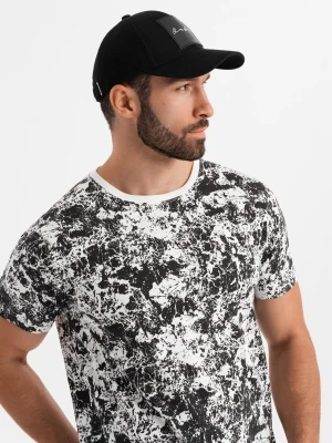 Męska wzorzysta bawełniana koszulka z krótkim rękawem – biało-czarna V2 - Rozmiar: M Ombre Clothing