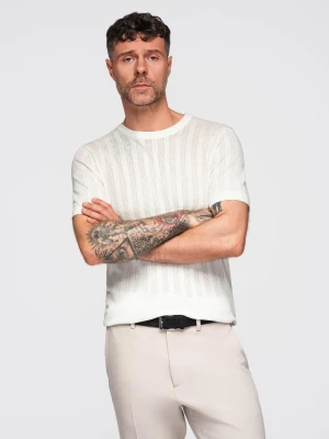 Zdjęcie produktu Męski ażurowy sweter z okrągłym dekoltem i krótkim rękawem – biały V1 - Rozmiar: XXL Ombre Clothing