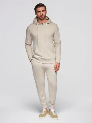 Męski bawełniany komplet dresowy bluza kangurka + spodnie joggery - jasnobeżowy V1 - Rozmiar: XXL Ombre Clothing
