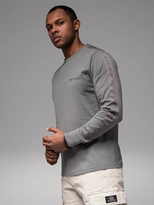 Męski bawełniany longsleeve U-neck z lampasami i nadrukiem na piersi – szary V5 - Rozmiar: M Ombre Clothing