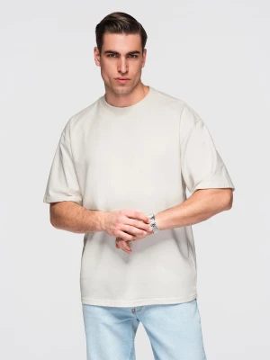 Męski bawełniany t-shirt LOOSE FIT z okrągłym dekoltem – ecru V2 - Rozmiar: S Ombre Clothing