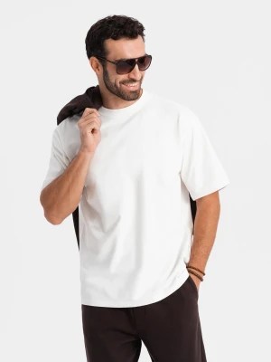 Męski bawełniany t-shirt LOOSE FIT z okrągłym dekoltem – kremowy V2 Ombre Clothing