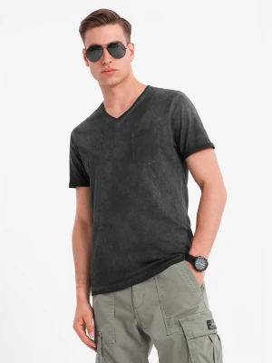 Męski bawełniany t-shirt V-neck z dzianiny z efektem sprania - czarny V6 - Rozmiar: XL Ombre Clothing