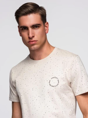 Męski bawełniany t-shirt z nadrukiem i okrągłym dekoltem – beżowy V2 - Rozmiar: S Ombre Clothing
