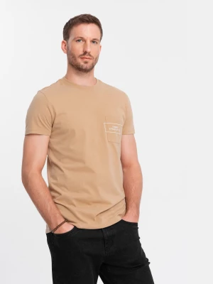 Męski bawełniany t-shirt z nadrukiem na kieszonce Ombre Streetstyle – piaskowy V6 - Rozmiar: L Ombre Clothing