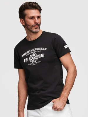 Męski bawełniany t-shirt z nadrukiem w stylu college – czarny V2 - Rozmiar: S Ombre Clothing