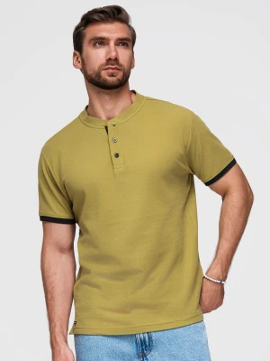 Męski casualowy t-shirt z dekoltem henley i kontrastowym wykończeniem – oliwkowy V11 - Rozmiar: S Ombre Clothing