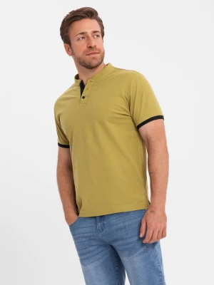 Zdjęcie produktu Męski casualowy t-shirt z dekoltem henley i kontrastowym wykończeniem – oliwkowy V11 - Rozmiar: XXL Ombre Clothing