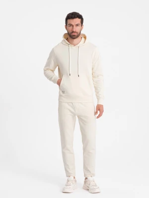 Męski dresowy komplet bluza kangurka + spodnie – kremowy V11 - Rozmiar: XL Ombre Clothing
