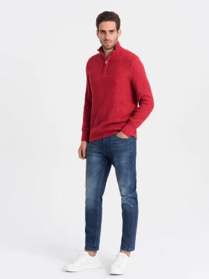 Męski dzianinowy sweter z rozpinaną stójką - czerwony V8 OM-SWZS-0105
 -                                    L