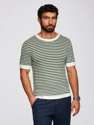 Męski dzianinowy t-shirt w marynarskie paski z ażurowym splotem – oliwkowo-biały V3 - Rozmiar: XL Ombre Clothing oliwkowy
